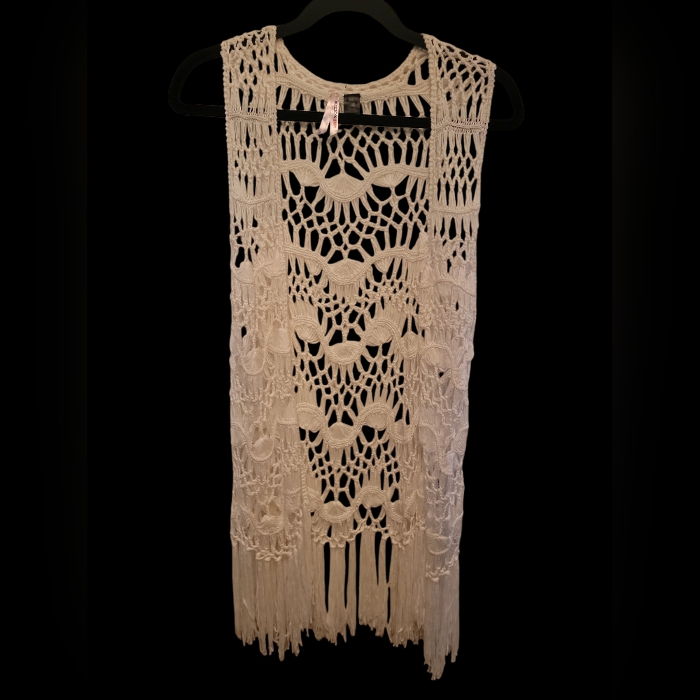 Love By Design Ivory Crochet Vest with Fringe